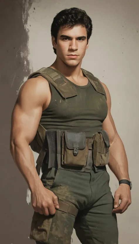 An illustrated movie poster, hand-drawn, full color, a soldier, male, 21 years-old, wearing a vest and tactical pants, resembles a young Lou Ferrigno, sun-tanned skin, chubby face, average height, broad shoulders, soft belly, slightly overweight, deep brow...