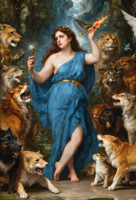 an oil painting art piece depicting the Greek Goddess Circe from Greek or Roman mythology, inspired by Peter Paul Rubens painting style. Capture Circes magical and enchanting presence as she stands with a mystical aura, surrounded by enchantments and mythi...