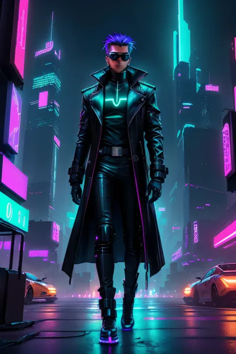 A neon-lit cyberpunk cityscape at night, bustling with towering skyscrapers and flying vehicles, as a mysterious figure in a leather trench coat and mirrored shades confidently navigates through the futuristic metropolis.