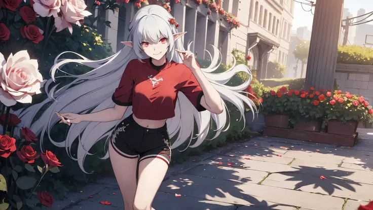 alice,vampire,grey hair, long hair, red eyes, pointy ears, small breasts,young beautiful girl, smiling, looking at the camera, standing in front of a clump of roses,  white sneakers. Wearing a top and shorts, flowers, full-body photo, casual pose, slender ...