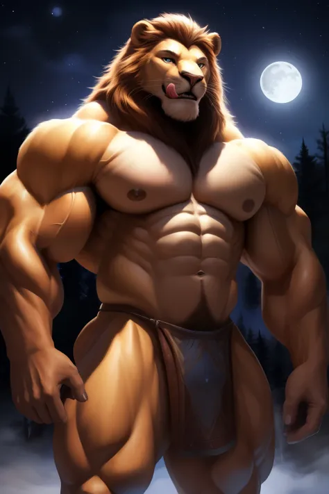 ((Extremely realistic shadows, Masterpiece, extremely detailed, photorealistic)) lion, (((male)) Anthropogenic lion, Detailed face, beautifully sculpted physique, beautiful face, tribal, beautiful eyes, Gorgeous facial features, Looking at viewer, white te...