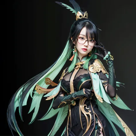 a woman with long black and green hair, wearing glasses, with chinese outfit, golden details, green feathers