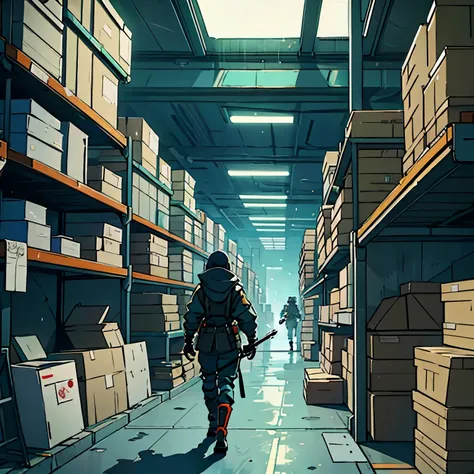 Scenario of a futuristic warehouse of boxes with weapons