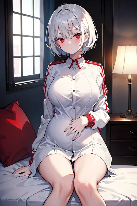 1girl, sex, dark room, best quality,8K,white short hair, red eye, big breast,cute,14 years old, on the bed, white shirt ,over jacket, pregnancy