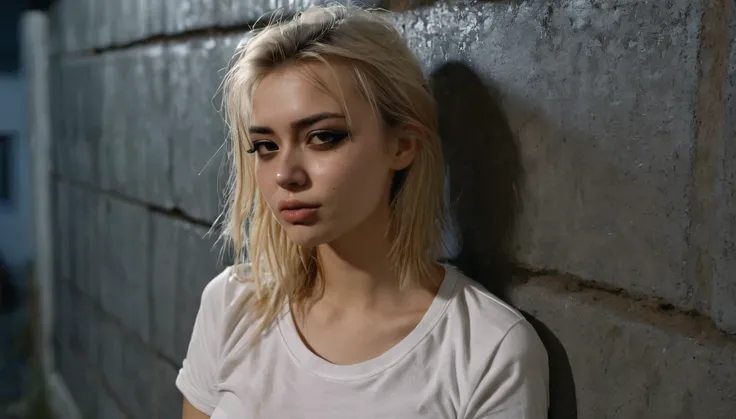 At night, young woman, of slavic decent, sharp jaw, dark eyeliner, winged eyeliner, blonde hair, small amount of dust or dirt wiped on her face, very slight smirk: 1.2, wolf cut hairstyle: 1.9, aesthetically messy hair: 1.8, she is smoking a cigarette: 2.0...