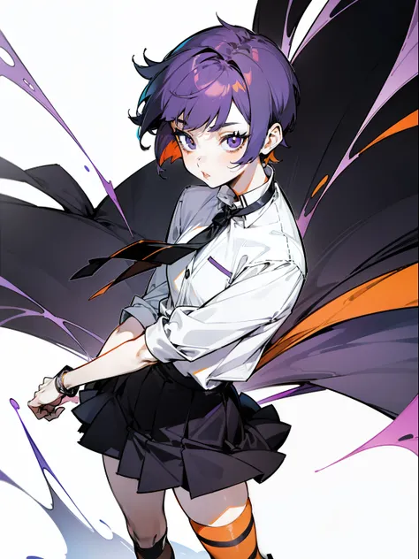 1 girl, Anime style, Very short hair, boyish hairstyle, purple hair, black eyes, black lips, Orange , Orange одежда, black tie, blue skirt
