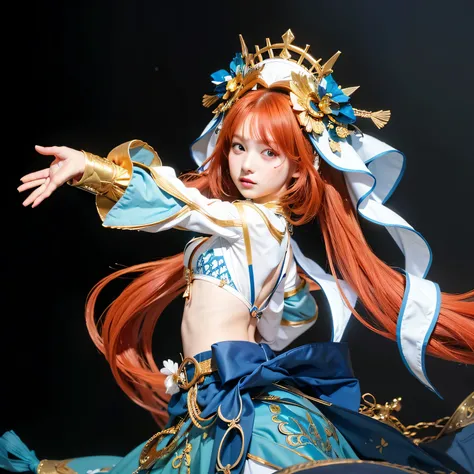 a girl with long red hair, wearing a white and blue outfit with golden details, green eyes, dancer