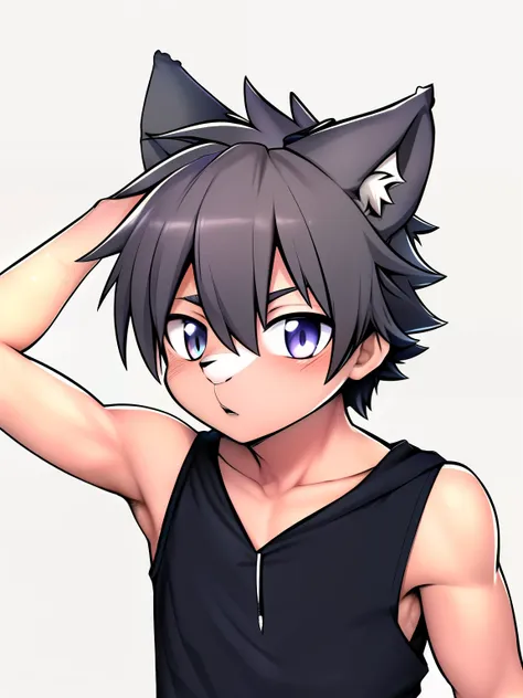 highres,Masterpiece, Best quality at best,Best Quality,hight quality, hight detailed, Anime style, 1boy, Little Boy, Shota, Furry, Cheerful boy, Cat boy, Grey fur, Sleeveless hoodie, Simple beckground, (showing armpit, Smooth armpit), boy focus, Uhd,