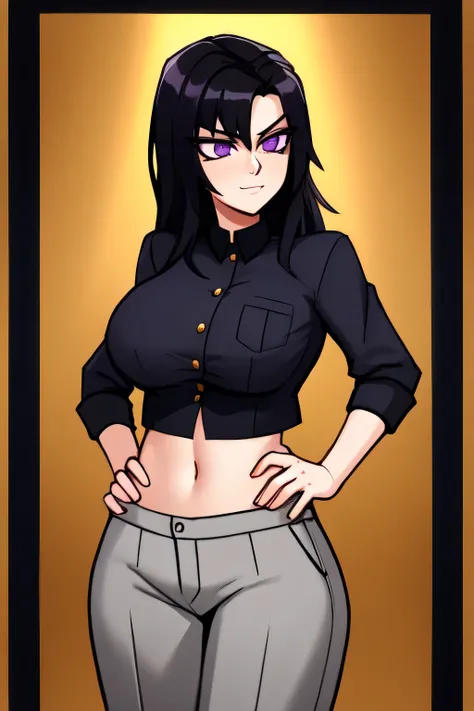 A girl with a big chest, firm black hair, long squares, purple eyes, a medium-sized rectangle, wears a metallic gray blouse with buttons, shows a navel, and her long light gray pants, adulthood, gold pocket, pants.