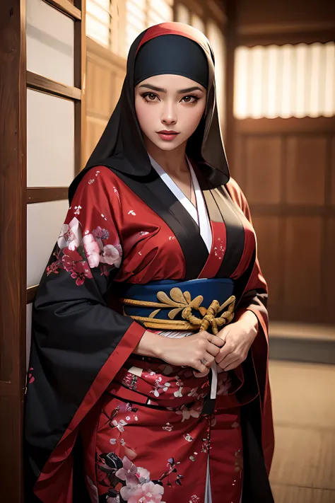 1woman, mulher, pele clara, olhos brilhantes, olhos vermelhos, blush, cicatriz, sangue, normal hands, dedos detalhados, boca entreaberta, cabelo longo preto, cabelo grande, cabelo solto, samurai, ninja, kimono, traje de luta, arte marcial, pose de luta, or...