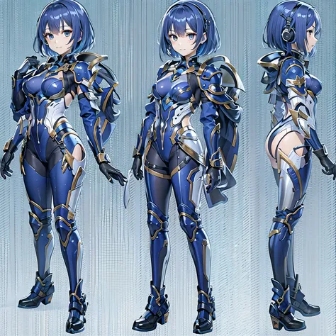 (masterpiece、highest quality、highest resolution、clear_image、detailed details、Angle from above): (full body figure、One 20 year old girl、Japanese faces、small face、Slender、Navy blue super short bob cut hair、(hidden small breasts:1.3)、sparkling blue eyes、Shiny...