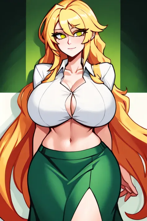 A tall beautiful girl with huge chest, wavy yellow hair, long green square eyes, dresses in a shirt with white buttons, a knot, unbuttoned, shows her navel and her long green skirt. 