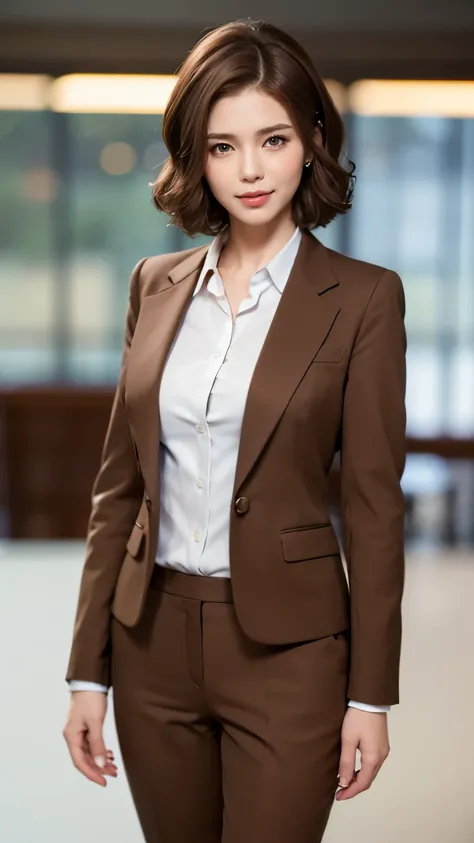 highest quality, masterpiece, 8k, ultra high resolution, (realistic: 1.4), 1 girl, beautiful face, symmetrical eyes, big, perfect body proportions, ((Wavy shorthair))、((brown hair:1.5)), Office Lady、((business suit:1.4)), ((model standing:1.5)), the gaze o...