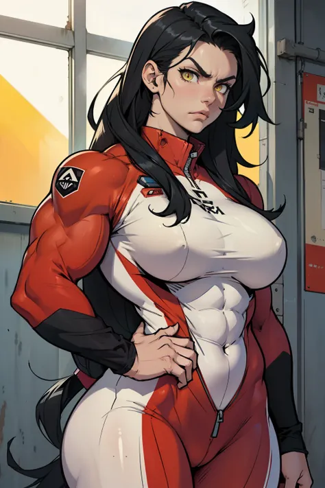 angry girl pale skin (((((muscular girl))))) (((thick))) (((large breasts))) pilot suit bodysuit black hair yellow eyes very long hair very long hair very long hair