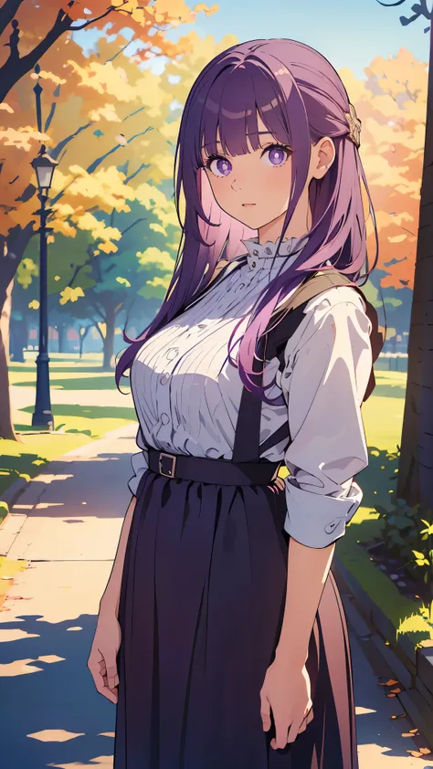 girl1,purple hair,(pinafore dress),(stand in a public park),highly detailed ,8k wallpapers،highest quality, high resolution, bea...