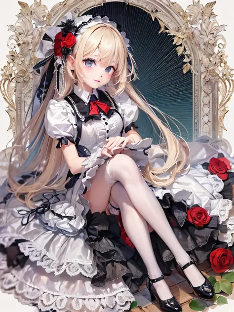 elvish, teens girl, solo, full bodyesbian, platinum-blonde,Twin-tailed, blue eyes, Smiled, Standing, Greetings at Curtsy, 
maid clothes(Solid black short dress, puff sleeves, Knee-length short dress, White cuffs with sleeves, 1 black button on cuffs, The c...