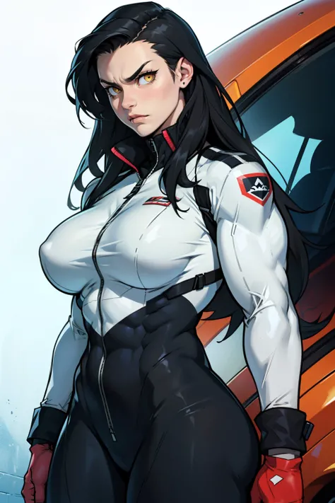 angry girl pale skin (((((muscular girl))))) (((thick))) (((large breasts))) pilot suit bodysuit black hair yellow eyes very long hair very long hair very long hair