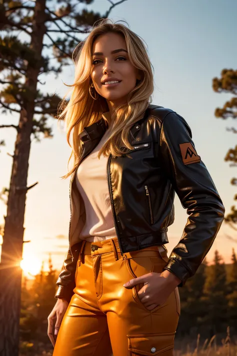 a woman, blonde, smile  forest,  jacket and trousers jeans, golden hour, orange sky