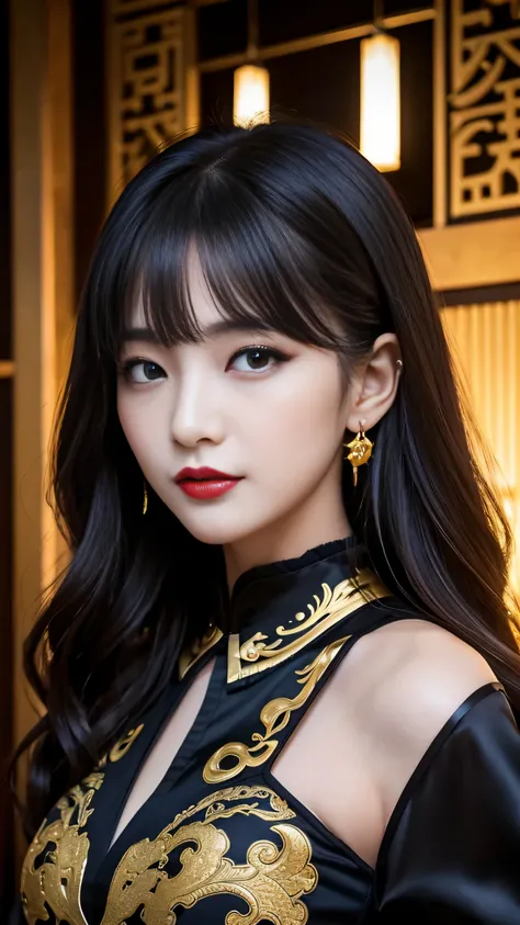 tra-detailed、Japanese、attractive beauty、seductive adult woman、pretty woman、piercing eyes、cool girl、wavy hair、swept bangs、Long Black and Gold Cheongsam、wide sleeves、Evil cadres、evil depravity、brainwash、mind control、lipstick、lip gloss、dark makeup、smirk、whisp...