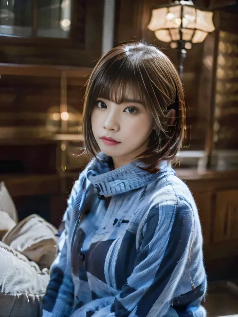 While watching the snow falling quietly. Her introspective and tearful expression、It gives a sense of longing and melancholy for winter nights.。。。。。。。、highest quality、hyper hd、Yoshitomo Nara, japanese model, Beautiful Japan wife, with short hair, 27 years ...