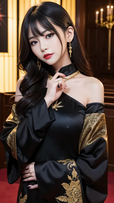 tra-detailed、Japanese、attractive beauty、seductive adult woman、pretty woman、piercing eyes、cool girl、wavy hair、swept bangs、Long Black and Gold Cheongsam、wide sleeves、Evil cadres、evil depravity、brainwash、mind control、lipstick、lip gloss、dark makeup、smirk、whisp...