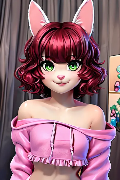 (8K、Highest image quality、highest quality、masterpiece)、detailed face、((furry))、bunny cat hybrid、bunny ears, cat tails, black and white fur、Panda fur、((2 tails))、((1 girl))、red hair、short hair、wavy hair、asymmetric bangs、purple right eye, green left eye、cute...