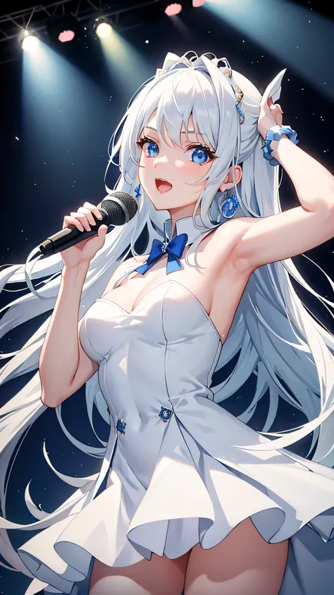 masterpiece, best quality, stage lights, dynamic lighting, 1 girl, blue eyes and white hair, dress, holding mic, singing, happy, upper body