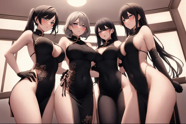 ((4girls:1.5))
BREAK (chinese_clothes, black_legwear,black gloves:1.2),
BREAK standing,  (from below view),arms behind back,
BREAK inside in room， 
BREAK (masterpiece:1.2), best quality, high resolution, unity 8k wallpaper, (illustration:0.8), (beautiful d...