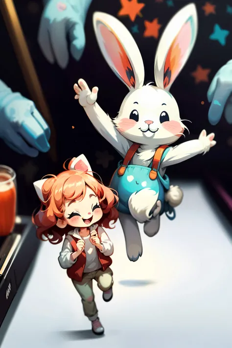 An energetic and cute Bunnyman next to a woman, both illustrated in a white, comic style. The Bunnyman has large, floppy ears and bright, expressive eyes. Hes hopping around with excitement, holding a large carrot. The woman, dressed in casual clothes, is ...