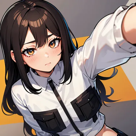 estilo: My hero academia 
color de ojo:dorado
cabello:long brown with skin-colored bangs:blanca
joven mujer
cuerpo completo 
blanco y negro
uniforme 