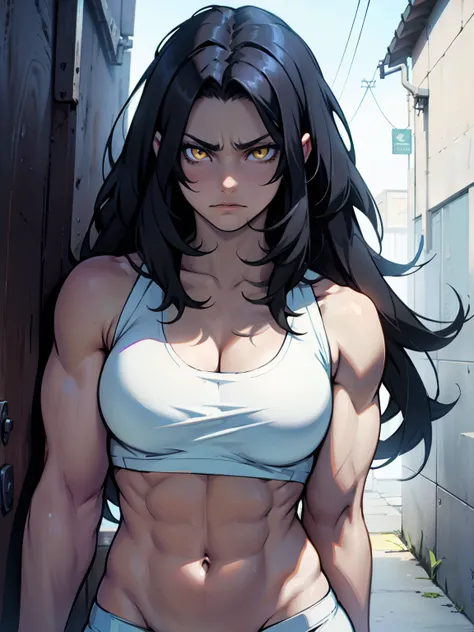 sad pale muscular girl large breasts hair black hair yellow eyes extremely long hair sad