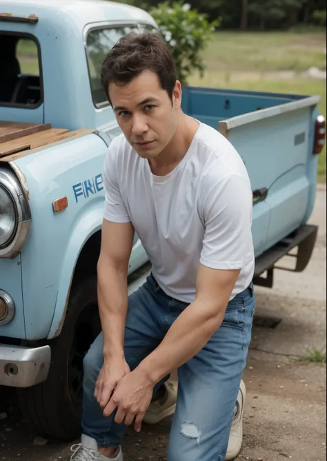 arafed man in jeans and a white shirt is fixing a blue truck, shot from movie, alex miranda, mid-shot of a hunky, promo image, promotional picture, fan art, promotional movie still, meet the actor behind the scenes, movie filmstill, promotional photo, mid ...