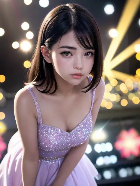 White base with purple-red fluttering costume、28 years old、rorish, perform on stage, concert photos, cute core、(((watching the audience)))、23 years old、Mei Nagano、shooting from above、（Natural and detailed face standing、beautiful and detailed eyes、beautiful...