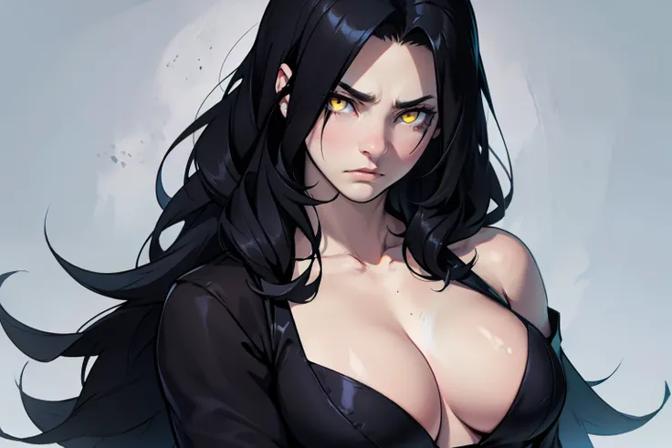 sad pale muscular girl large breasts hair black hair yellow eyes extremely long hair sad