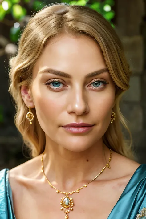 Beautiful blonde woman in middle age, elegantly clad in a 14th-century dress, exudes timeless grace and charm. With cascading golden locks framing her face, her natural facial features radiate wisdom and beauty. Her deep blue eyes, shimmering with intellig...