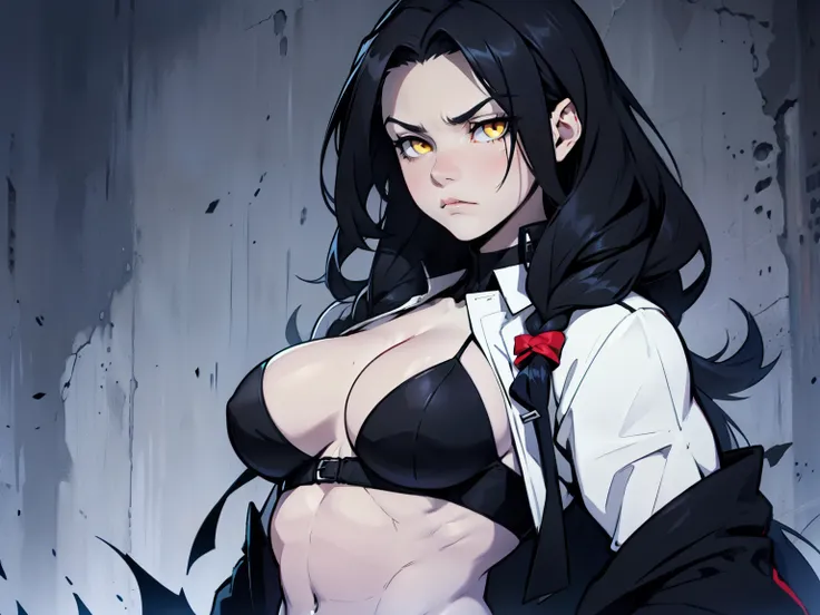 sad pale muscular girl large breasts hair black hair yellow eyes extremely long hair sad