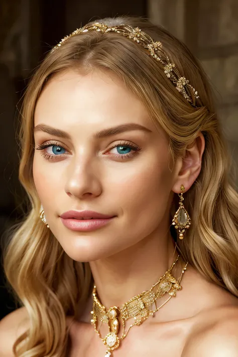 Beautiful blonde woman in middle age, elegantly clad in a 14th-century dress, exudes timeless grace and charm. With cascading golden locks framing her face, her natural facial features radiate wisdom and beauty. Her deep blue eyes, shimmering with intellig...