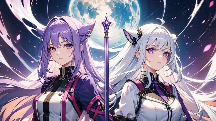 a girl with purple hair and another girl with white hair with a fantasy appearance welcoming  