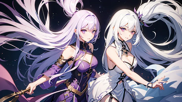 a girl with purple hair and another girl with white hair with a fantasy appearance welcoming  