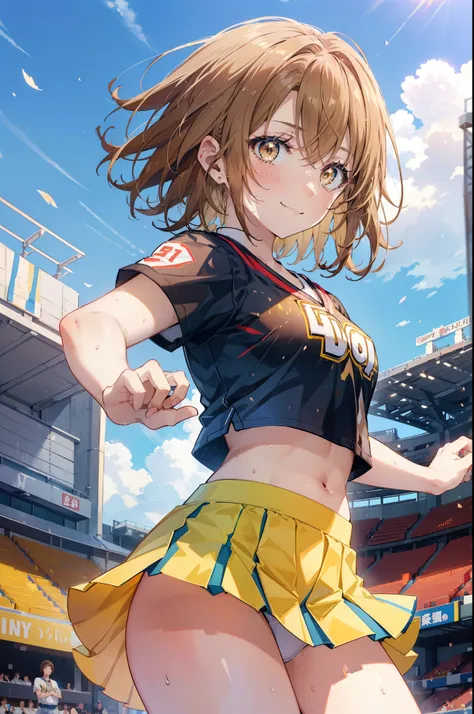 irohaisshiki, iroha isshiki, short hair, brown hair, (brown eyes:1.5), smile,happy smile, smile, open your mouth,(cheer leading), (whole body), big breasts, lower, (sweaty), sweaty Wet Clothes, (yellow clothes),Yellow pleated skirt,sneakers , Navel support...