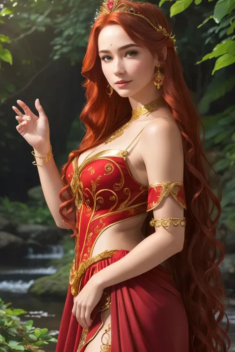 Beautiful fantasy princess, solo, (1.3), in a stunning red dress, (Detailed, intricately designed, flowy, fitted), ((Highly detailed facial features:1.2)), ((Realistic, beautifully textured skin)), ((Long, wavy, red hair:1.3)), hair accessory adorned with ...