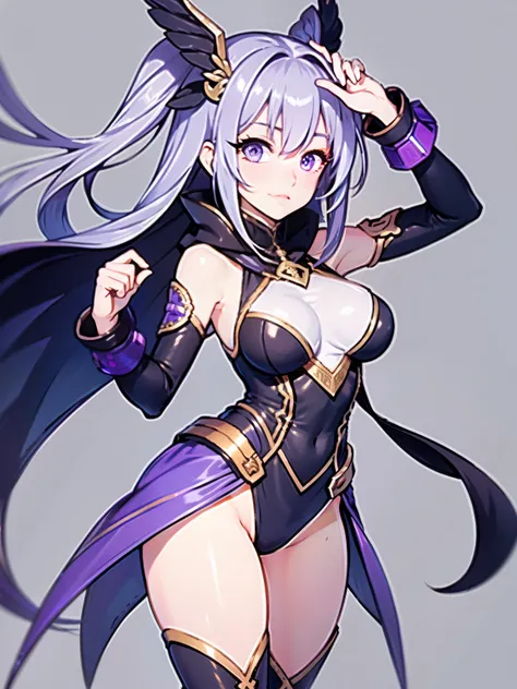 1girl has a tall figure and has is long, purple hair. She wears a white leotard, combined with black line elements. She wears a white hair ornament and carries an extremely large golden sword. bare legs, white boots, full body, medium breasts 