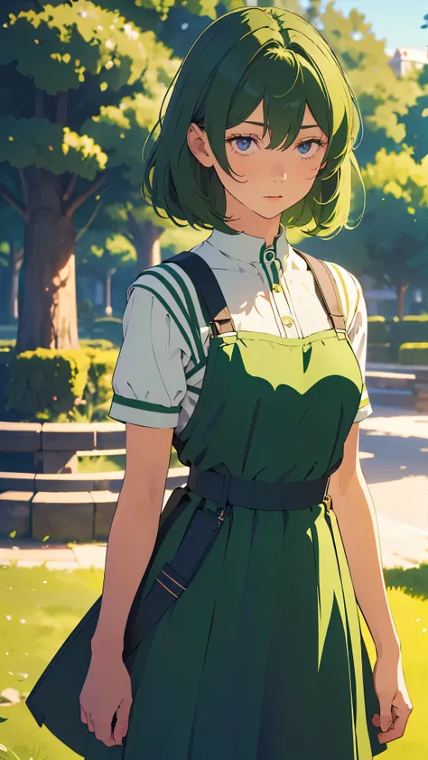 girl1,dark green hair(pinafore green dress),(stand in a public park),highly detailed ,8k wallpapers،highest quality, high resolu...