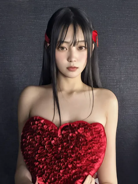 a close-up of a woman in a red dress holding a heart-shaped pillow, Shikamimi, Yasumoto Oka, aoi ogata, Yoshitomo Nara, Takeyuki Kanda, The motto is Teshirogi, Kimi Takemura, Chiho ashima, Yuki Morita, Kiyoko Suzuki