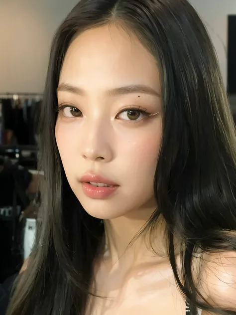 um close de uma mulher com longos cabelos pretos e uma camisa branca, detailed face of an Asian girl, gongbi, asian face, Kiko Mizuhara, jennie blackpink, gema chen, Delineador Alado, delineador grosso e sofisticado, wenfei you, a young Asian woman, Xision...