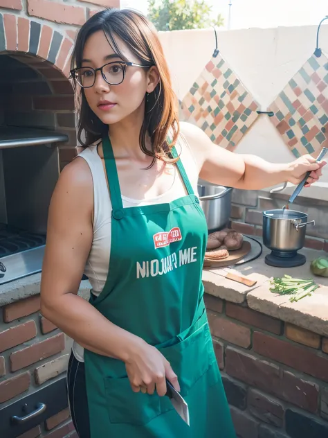 woman in a green apron holding a knife in front of a brick oven, pillar, cooks a squid, in an apron, cooking show, fitness, high quality photo, high resolution, masterpiece, 8k