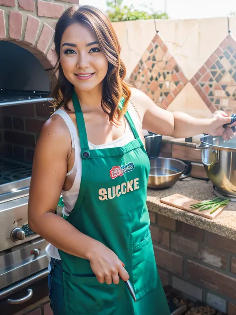 woman in a green apron holding a knife in front of a brick oven, pillar, cooks a squid, in an apron, cooking show, fitness, high quality photo, high resolution, masterpiece, 8k