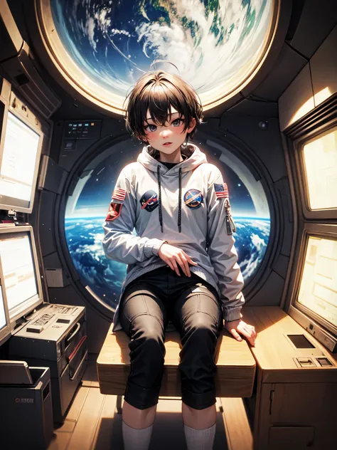 A cartoon picture, There is a boy sitting on the planet in space , with Nasa teammates , ￼! And he wears cartoon textures clothes and the picture should be completely cartoonish! And add some planets and space cartoon icons to this photo