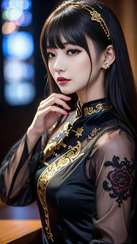 tra-detailed、Japanese、attractive beauty、seductive adult woman、pretty woman、piercing eyes、cool girl、wavy hair、swept bangs、Long Black and Gold Cheongsam、wide sleeves、Evil cadres、evil depravity、brainwash、mind control、lipstick、lip gloss、dark makeup、smirk、whisp...