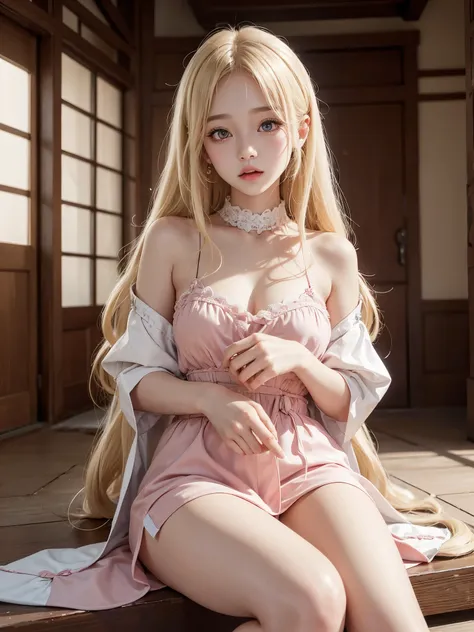 A young girl with very light blonde hair and pretty 20 years old, con cara de Wonyoung, Jang Wonyoung, doll eyes, estilo muy femenino, prendas con encaje, prendas rosadas. Chica japonesa, very tender asian girl with pale skin, ojos grandes, ojos de bambi, ...